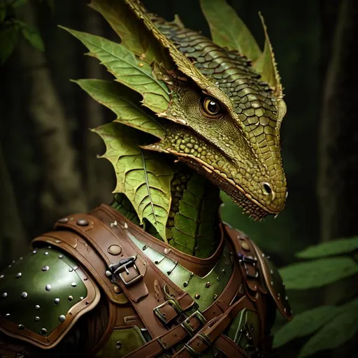 Prompt: portrait of a (Green and Brown dragonborn Ranger hunting ),wearing basic leather armor with rustic camouflage details including leaves.  , Forest background, D&D setting, perfect composition, hyperrealistic, super detailed, 8k, high quality, trending art, trending on artstation, sharp focus, studio photo, intricate details, highly detailed, by greg rutkowski and alphonse mucha