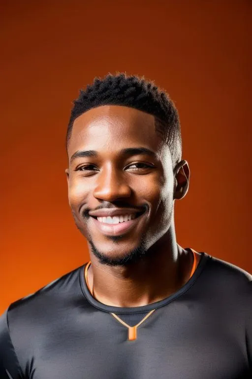 Prompt: 64K UHD HDR Hyper-Realistic Detailed Sniper-Shot of Smiling African male. Short raster Hair with Choppy Layers Framing Her Strikingly handsome Young Face Perfectly. Bright Brown Almond-Shaped Eyes. Candlelight orange background, Accentuating his Sensual Beauty. Kawaii. Smooth Flawless Skin. Octane Render by WETA Digital