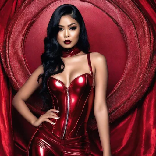 Prompt: pretty young Indonesian woman, 25 year old, (round face, high cheekbones, almond-shaped brown eyes, epicanthic fold, small delicate nose), red latex outfit, posing for a picture, active pose, character portrait by Luma Rouge, featured on cg society, gothic art, gothic, goth, shiny, masterpiece, intricate detail, backdrop cabaret club