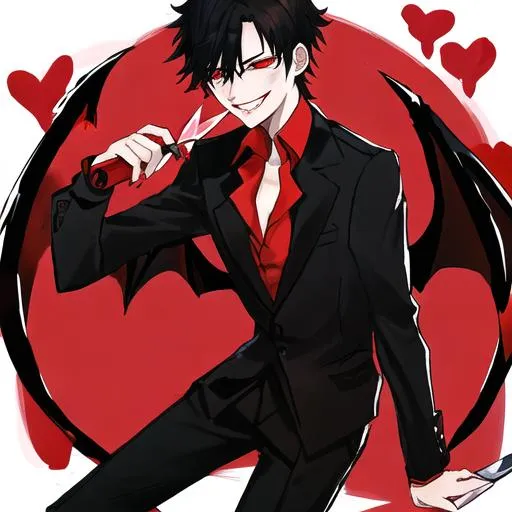 Prompt: Damien (male, short black hair, red eyes), demon form, grinning seductively, holding a knife, hearts around him
