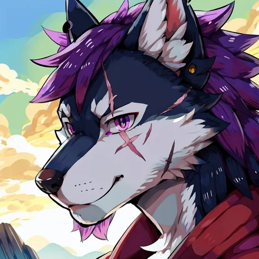 Prompt: Solo, anthro, male, (by_boris_noborhys), wolf, portrait, the wolf's right eye is blind, a large scar on the wolf's right eye, the right side of the wolf is damaged by burns, the wolf's left eye is purple, location abyss, jagged ear