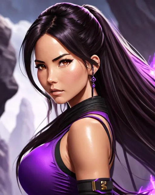 Prompt: 
(Olivia Munn, 16 years old) 
as ninja in artifact attire, wearing purple ninja tactical gear, dramatic, cinematic lighting, caustic, cave background, sleeveless, black wild hair, brown eyes, ethereal, jewelry set balayage, royal vibe, highly detailed, digital painting, Trending on artstation , HD quality, tan skin, Big Eyes, artgerm, by Ilya Kuvshinov