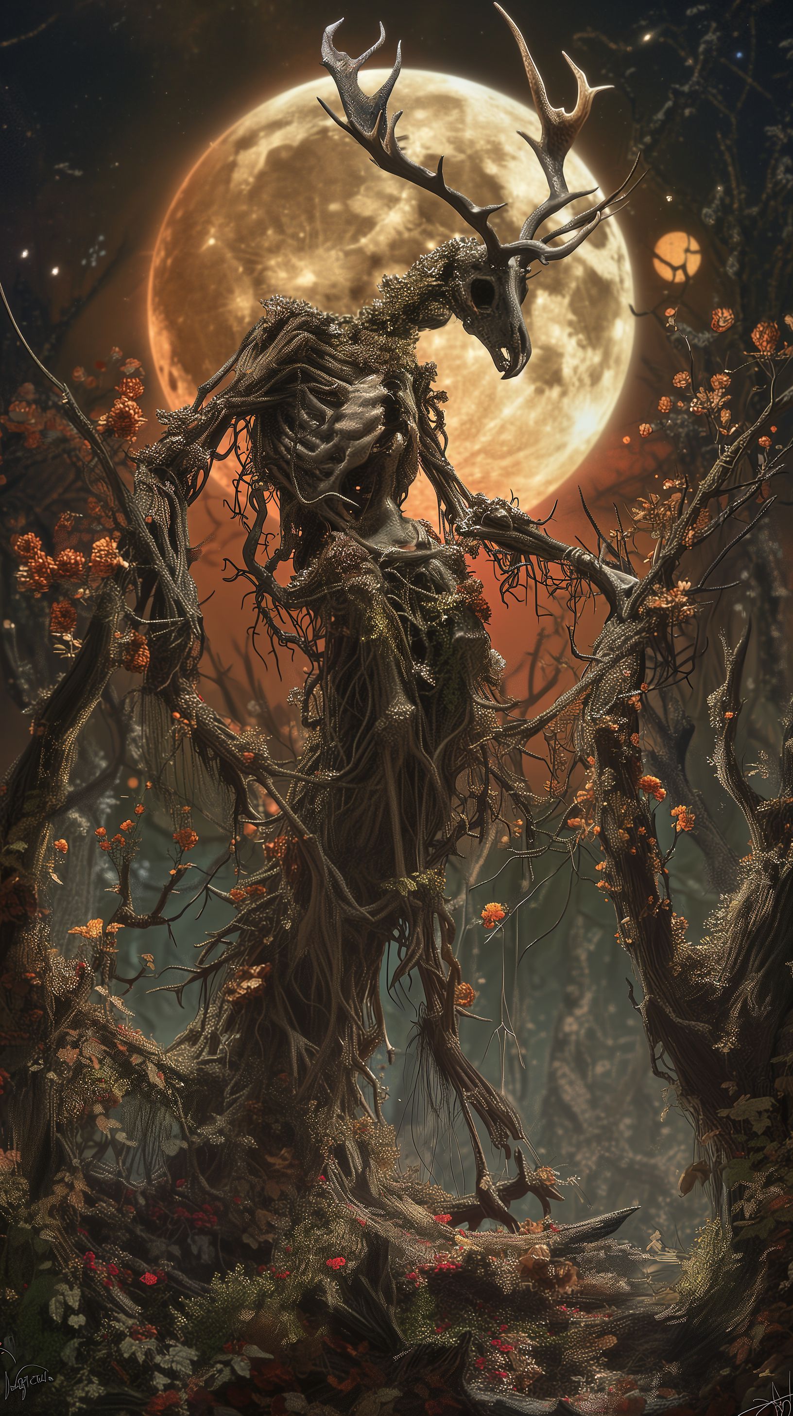 Prompt: mothman + wendigo, emaciated with skin clinging tightly to rib cage, deer skull and long majestic horns, body tangled in vines and dead flowers, standing in a dying forest in the full moon --ar 9:16 --v 6.0