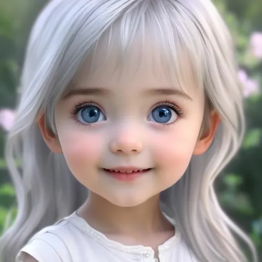 Prompt: beautiful child, innocent little girl, big eyes full of life, silver hair girl