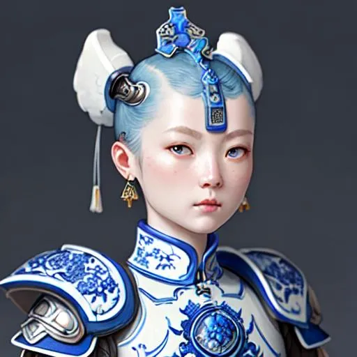 Prompt: porcelain cyborg girl in full imperial armor, Chinese Ming dynasty, Blue and white porcelain, mid-15th century, diffuse lighting, fantasy, intricate, elegant, highly detailed, lifelike, photorealistic, digital painting, artstation, illustration, concept art, smooth, sharp focus, art by John Collier and Albert Aublet and Krenz Cushart and Artem Demura and Alphonse Mucha, Castle in background, capture full body, whole body only