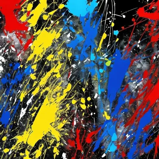 Prompt: jackson pollock style paint splashes, blue yellow red black