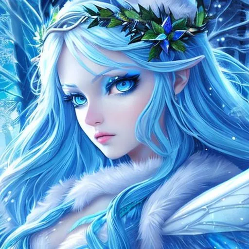 Prompt: Fairy goddess of winter, vivid colors,large blue eyes, cool coiors,  closeup