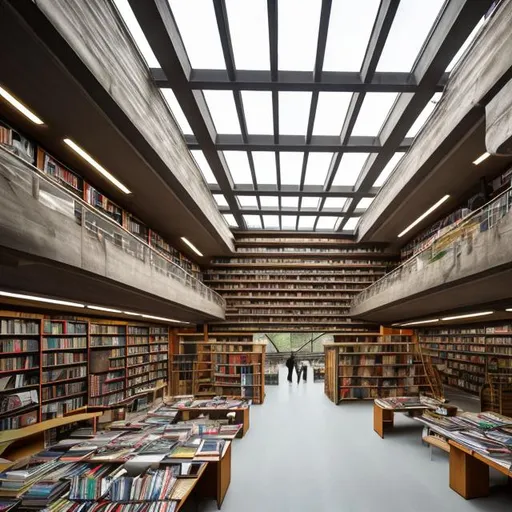 Prompt: a large multi story library filled with books and with brutalist architecture and lots of skylights and foot paths 