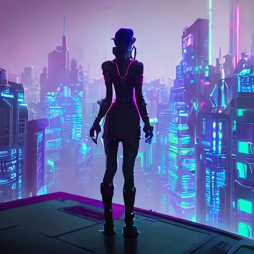Prompt: In the dimly-lit neon cityscape of the future, a young cyber punk girl stands poised on the edge of a skyscraper, her sleek cybernetic enhancements glinting in the flickering lights of the surrounding high-tech metropolis. With a determined look on her face, she surveys the sprawling city below, ready to take on whatever challenges come her way. She has cybernetic enhancements, and any other defining features that make her a true embodiment of the cyber punk aesthetic.