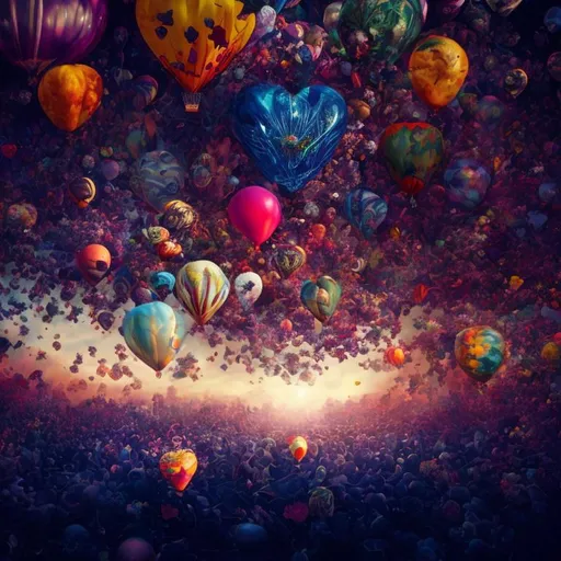 Prompt: An epic fantastic realism comic book style painting of the most beautiful spinning HEARTS, BALLOONS, FLOWERS, SUNSETS , launched across the dark and starry night sky,  fisheye, unreal 5, DAZ, hyperrealistic, octane render, dynamic lighting