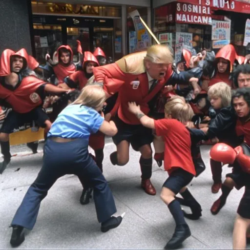 Prompt: Seven halflings attacking Donald Trump outside 711