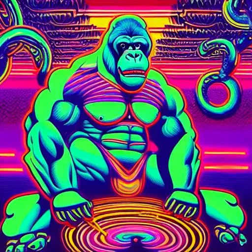 Prompt: Hypnotic illustration of bodybuilding and gorillas, hypnotic psychedelic art by Dan Mumford, pop surrealism, dark glow neon paint, mystical, Behance