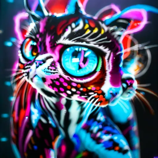 Prompt: a full body colorful stunning, cyber cat, photorealistic eyes,  dynamic, particulate, elegant, Hyperrealism, highly detailed,  airbrush, acrylic on paper, volumetric lighting, rugged texture, occlusion, smooth, sharp focus, 128K UHD octane render, w more detail, ultra realistic, insane detail, cinematic, Curvaceous Light bending, fuzzy, Extremely detailed high quality, breathtaking, Award winning, highly detailed, wide-angle lens, hyper realistic, Glowing, launge, edgelord.