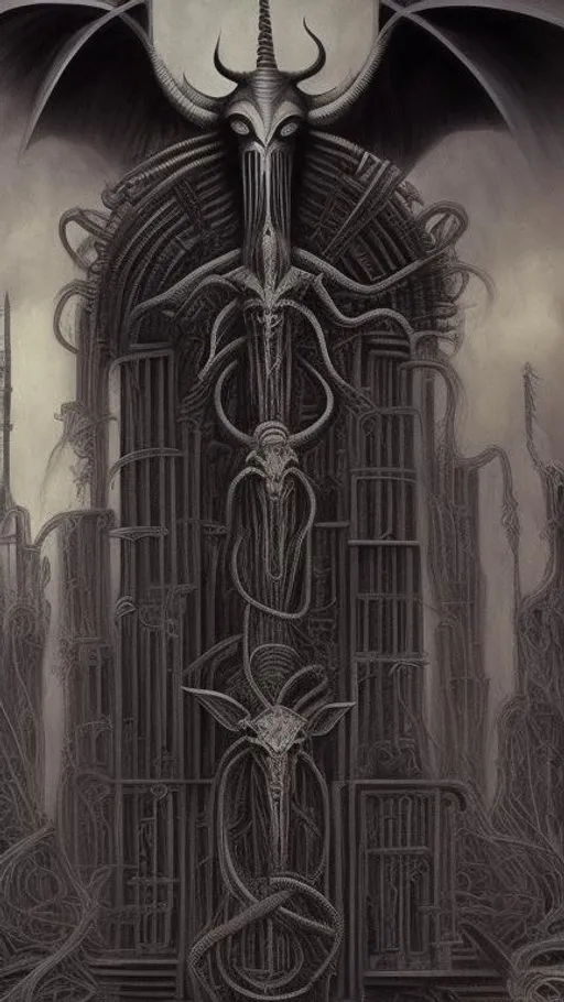 Prompt: baphomet, bio mechanical,giger,cross,pentagram,fire,ruins,tentacles,throne,war,battle