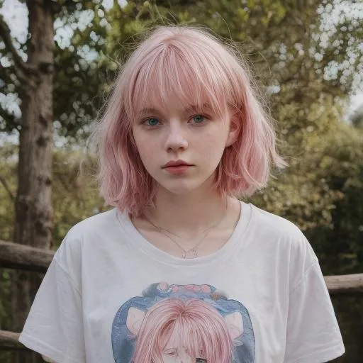 Prompt: 18 year old girl, pale skin, collar, pink hair, short hair, oversized t-shirt, blue eyes, happy, blushing, cosy, moody, flat chest, freckles, cute looking, masterpiece, nature, masterpiece, hd quality,