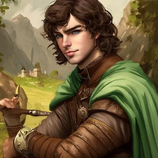Prompt: fantasy handsome brunette peasant, leather wrist cuffs
light brown hair
green eyes
mischievous smirk
medieval romantic painting
