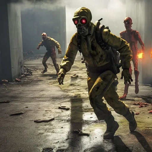 Prompt: A Hazmat personal running away from zombies