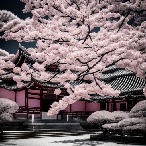 Prompt: Sakura tree in a temple desaturated pink