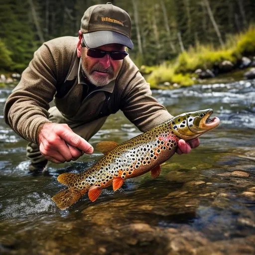 Prompt: A realistic picture of a 24-inch spawning brown trout being caught by a fly fisherman. 
