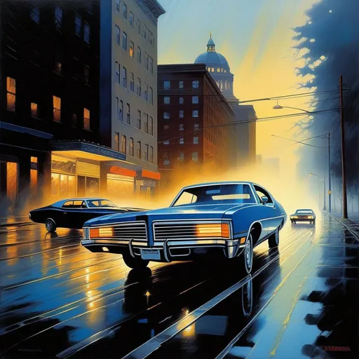 Prompt: 1970s Pittsburgh, car chase, rain, fog, dark blue atmosphere, cartoony style, extremely detailed painting by Greg Rutkowski and by Henry Justice Ford and by Steve Henderson