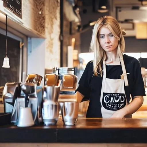 Prompt: A blond female barista
 with depressed face and tired eyes behind a coffee shop 
counter