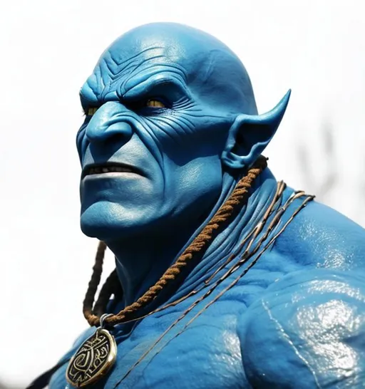 Prompt: Blue man with a rope around his neck and a necklace around his neck, An Orc, Orc, ogre, Orc looking at the camera, Arabian Orc, Orc themed, Menacing Orc, Gollum as a titan, Half Orc, Portrait of an Orc, Elf blue-skinned, elf with blue skin, Orc Warrior, Portrait of an Orc warrior