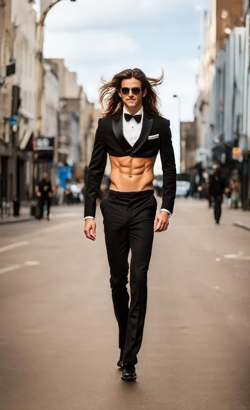 Prompt: an attractive 19-years old long-haired smiling man with sunglasses and rock hard abs wearing a crop top black tuxedo with black shoes, a bare navel and an exposed belly button,, walking, full body shown, empty solid background, looking at camera, street, sunny day, shining light