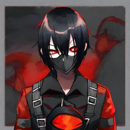 Prompt: Pyro  (black hair) (red eyes) wearing a gasmask