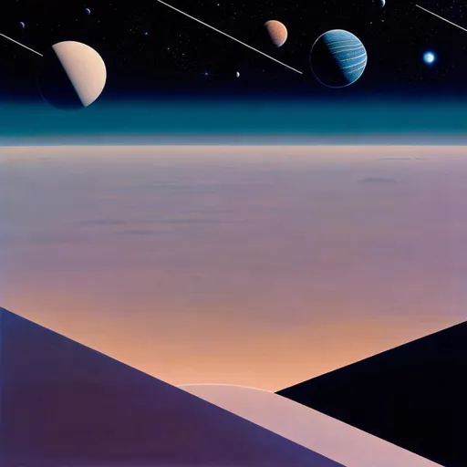 Prompt: inimalistic and spacious nature of the composition, reflecting the monotonous yet mesmerizing experience of traversing the cosmic expanse in a spacecraft. Draw inspiration from the artistic styles of Art Deco, Roger Dean, and Étienne-Louis Boullée to craft a visually striking composition. Utilize negative space and clean lines to evoke a sense of emptiness and vastness. Depict a sleek and streamlined spacecraft as the focal point, surrounded by a serene backdrop of distant stars and celestial wonders. The artwork should evoke a contemplative mood, capturing the sense of rhythmic motion and repetition inherent in the song. Employ lighting techniques to create a subtle interplay between light and shadow, enhancing the overall aesthetic. Aim for a high-resolution composition that masterfully balances simplicity and visual impact, inviting viewers to immerse themselves in the tranquil journey of sailing through the vastness of space. Consider featuring the artwork on notable art platforms or exhibitions, where its minimalist elegance and artistic vision can be appreciated.