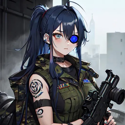 Prompt: (blue Messy hair with front spikes) wearing a eye patch that covers her right eye, wearing a camo military uniform, tattoos on her arms, holding a gun, nuclear fallout