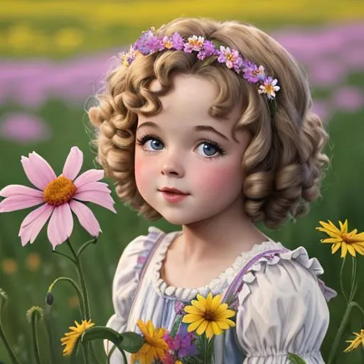 Prompt: young Shirley Temple with summer,wildflowers, closeup