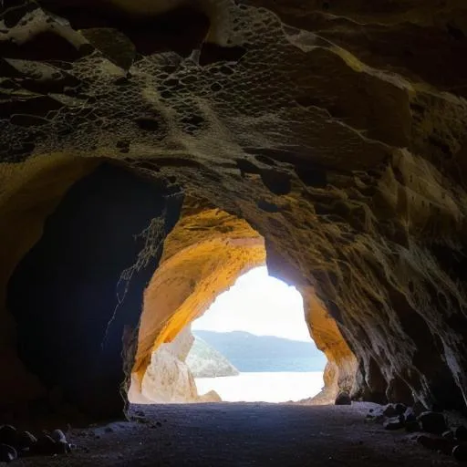 Prompt: beautiful image from inside cave, hole in front, sharp rocks, stars shining through hole in front