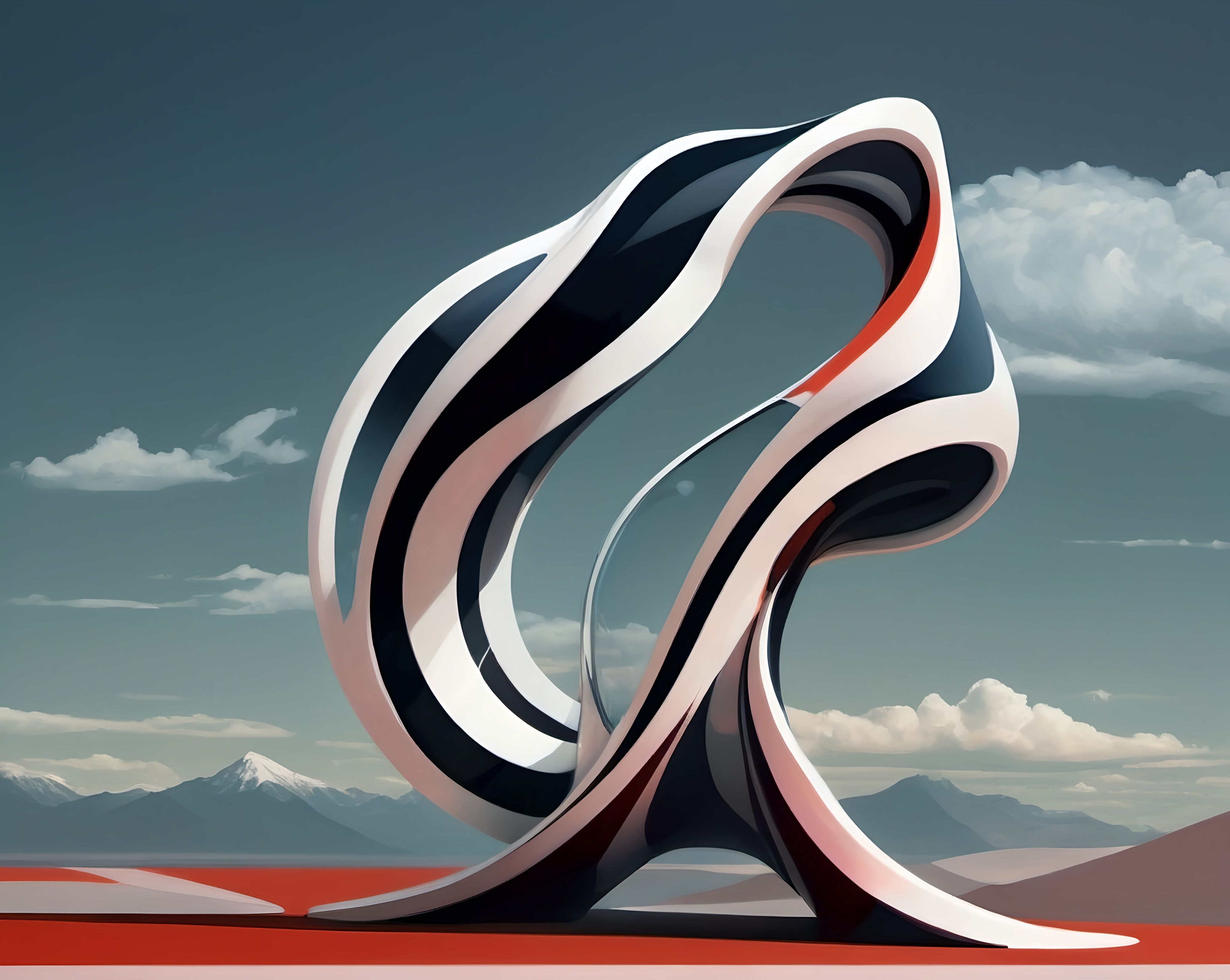 Prompt: a stylized sculpture is shown against a blue sky with clouds and mountains in the background, with a red stripe running through the center, behance hd, an abstract sculpture