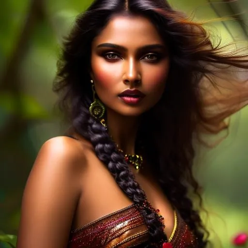 Prompt: Ultra beautiful  Red Indian girl, ((((hyper transparency dress)))), Photo realistic, dark fantasy, sensual, brown eyes, black gown, tree line, brazier, mists, detailed beauty face, detailed beauty eyes, black long hair, surreal beauty, soft light, long shot, UHD, , 8k, high quality, oil painting, hyper realism, 