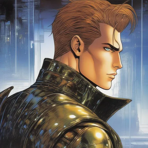 Prompt: A masculine scifi european cyborg soldier. very short bright brown slicked back pompadour undercut hair with shawed sides and light chestnut highlights, round face, broad cheeks, glowing eyes, wearing a black retro futuristic leather jackett with borg armour underneath, Ghost in the shell art. Masamune Shirow art. anime art. Leiji Matsumoto art. Akira art. Otomo art. 2d. 2d art.