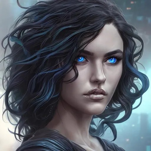 Prompt: Her hair is tenebrous brown and ocular perceivers are blue.