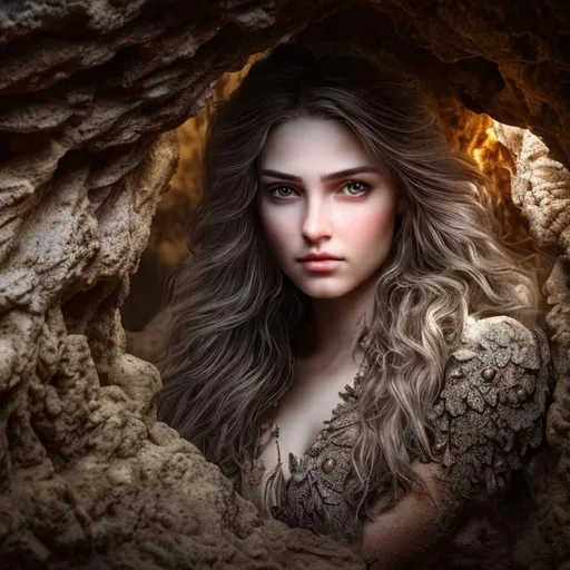 Prompt: professional realistic photography of the highest quality, 8k, HDR, best quality, ultra-detailed, Intricate details, details lips, details hair, detail body  a princess in cave where is dark her hairs should be grey