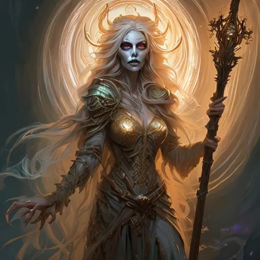 Prompt: Full body splash art portrait of a female undead sorceress casting a spell, very long honey golden hair with a fringe, wearing long light-colored iridescent pastel robes, carrying a wooden staff, D&D, fantasy, highly detailed, very sharp focus, digital painting, artstation, concept art, 4k, 8k