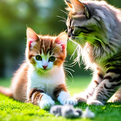 Prompt: cat playing with kitten cute morning outside 