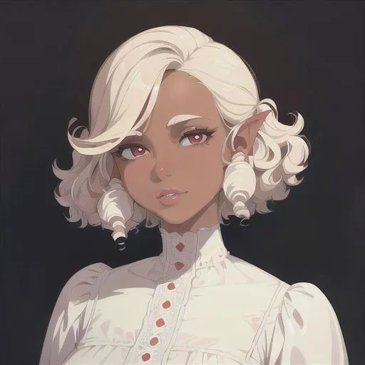 Prompt: (masterpiece, illustration, best quality:1.2), brown skin, soft face, detailed eyes, Victorian style, very short curly white hair, devilish like white eyes, wearing white nightgown, best quality face, best quality, best quality skin, best quality eyes, best quality lips, ultra-detailed eyes, ultra-detailed hair, ultra-detailed, illustration, colorful, soft glow, 1 girl