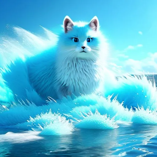 Prompt: Cute, light blue fur, watery fur, water cat, possessing the element of water and making circles of mist and water droplets move around in the air in a magical way. Perfect features, extremely detailed, realistic, complimentary colors, ocean background