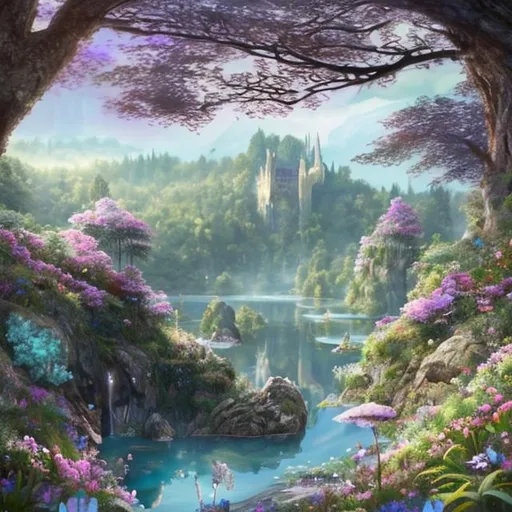 Prompt: Female princess, brown hair, blue eyes, princess in a light blue dress, shimmering blue dress, white skined female princess, standing in the forest, castle visible in the distance, below the forest a blue lake , blue lake, lush green forest, castle in the distance, realistic art, realistic nature, nature photography, flowers and grass on the ground