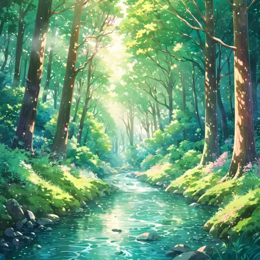 Prompt: Vibrant anime artwork of a forest, soft pastel tones,  crystal-clear stream, dappled sunlight filtering through the trees, high-definition, anime, pastel tones, detailed hair, forest setting, playful atmosphere