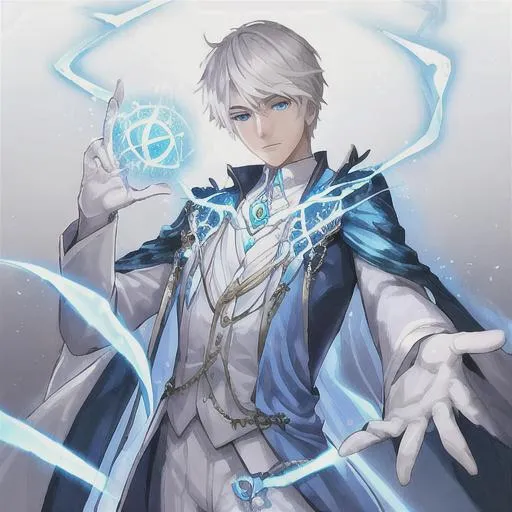 Prompt: butiful young man with an electric orbe in his hands white hairs, blue eyes, elegant costume white