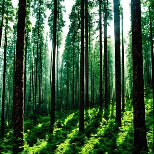 Prompt:  forest lush green blue sky tall trees big forest old dark forest