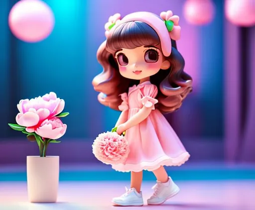 Prompt: Tiny cute girl holding 
Peony flower toy, wavy brown hair, pink midi dress, dancing, white sneakers, standing 
character, park in the background, soft smooth 
lighting, soft pastel 
colors, skottie young, 
3d blender render, 
polycount, modular 
constructivism, pop 
surrealism, physically 
based rendering, 
square image