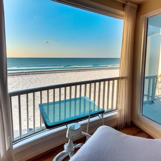 Prompt: Beautiful window view from beach condo during sun rise