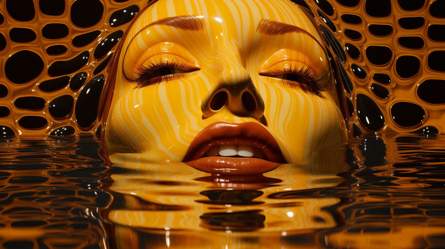 Prompt: The image showcases a surrealistic depiction of a human face, partially submerged and seemingly melded into a checkerboard background. Liquid amber, resembling molten gold or honey, pours onto the face, distorting its features further. The play of light accentuates the fluidity and reflective qualities of both the face and the liquid.