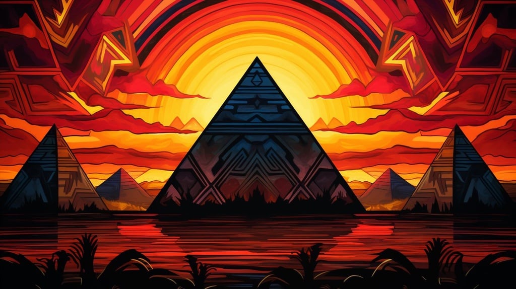 Prompt: pyramids in front of a sunset in style of moche art x moche art patterns