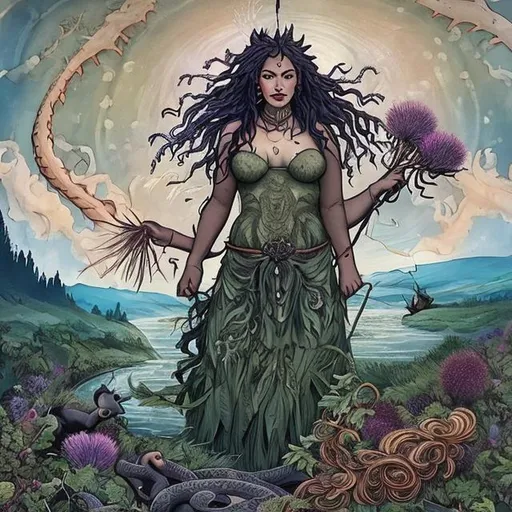 Prompt: A powerful and beautiful river goddess standing tall with all four elements, snakes, cows, crows, thistles, and berries.